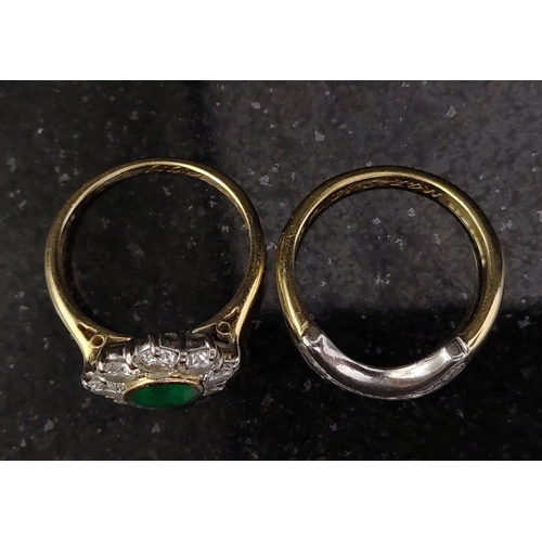 7 - A stacked pair of fully hallmarked 750 18k rings one with a lovely EMERALD surrounded by eight clean... 