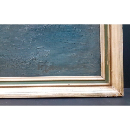 270 - An atmospheric oil on canvas coastal headland scene with indistinct signature.  Frame measures 87 x ... 