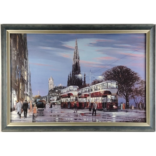 308 - Edinburgh Trams print TRAMS ON PRINCES STREET by John M Boyd. 78cm x 55cm approx and in a lovely war... 