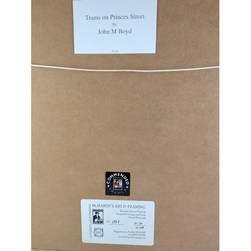 308 - Edinburgh Trams print TRAMS ON PRINCES STREET by John M Boyd. 78cm x 55cm approx and in a lovely war... 