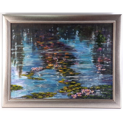 146 - JULIA CHANDLER acrylic on canvas WATER LILLIES. Frame size 68cm X 55cm approx. Very attractive warm ... 