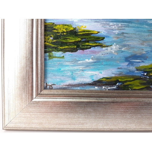 146 - JULIA CHANDLER acrylic on canvas WATER LILLIES. Frame size 68cm X 55cm approx. Very attractive warm ... 