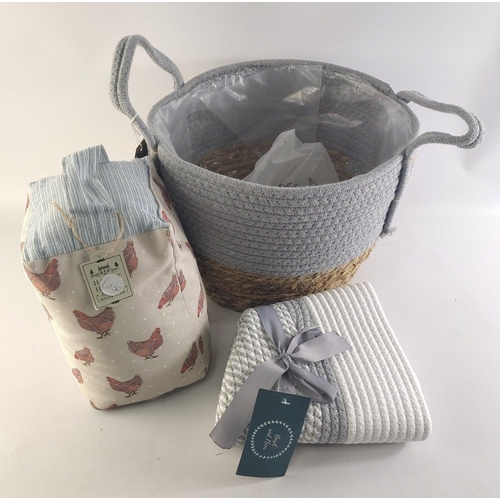 228 - XMAS GIFTING IDEAS!  A chicken door stop, plus a plastic-lined wicker basket, and a plant pot storag... 