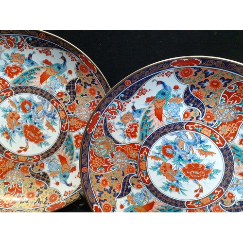 307 - SUPER LARGE! -TWO of rather lovely large IMARI style platters with display stands. The larger 46cm d... 