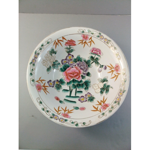 308 - A LARGE ORIENTAL style bowl (33cm diameter) decorated with chrysanthemums and bamboo with gold highl... 