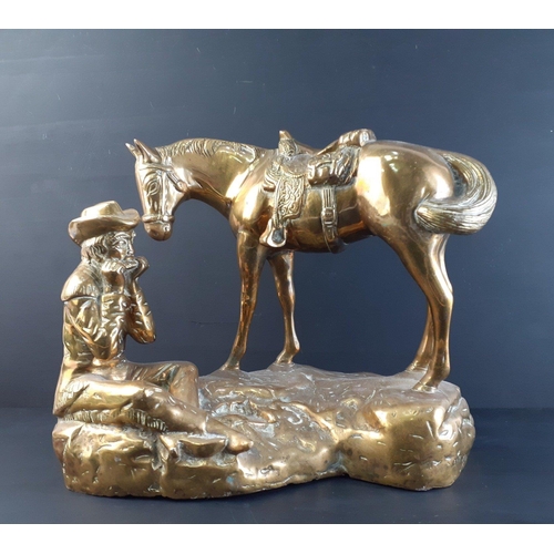 335 - SUPER HEAVY! - A wonderful CAST BRASS  study of a cowboy playing a harmonica with his saddled horse ... 