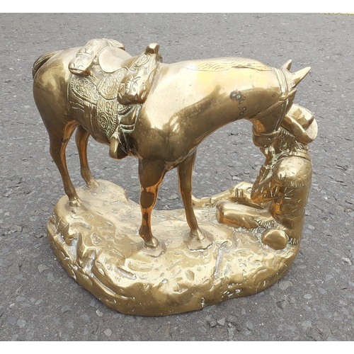 335 - SUPER HEAVY! - A wonderful CAST BRASS  study of a cowboy playing a harmonica with his saddled horse ... 