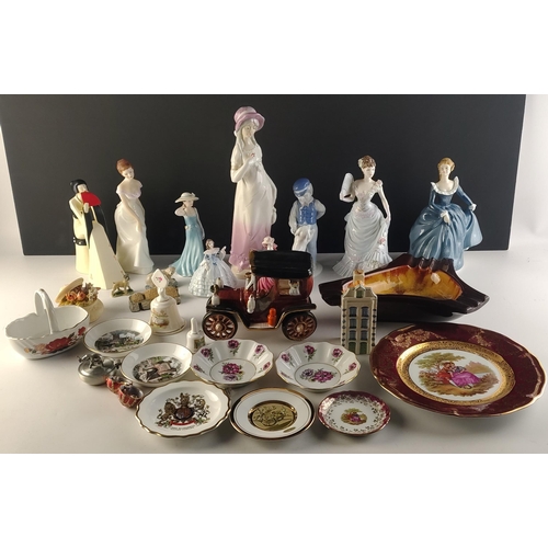 338 - A mixed lot of decorative items. To include COALPORT and ROYAL DOULTON Ladies, bells, pretty miniatu... 
