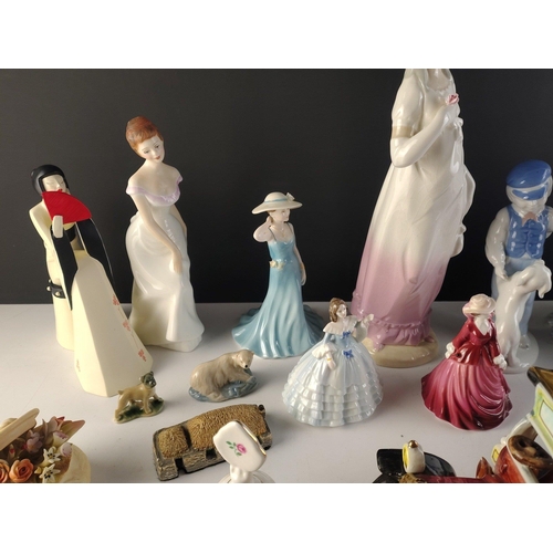 338 - A mixed lot of decorative items. To include COALPORT and ROYAL DOULTON Ladies, bells, pretty miniatu... 