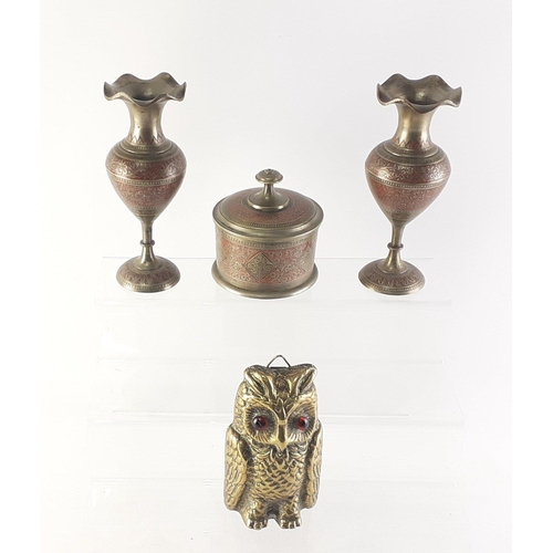 339 - A super brass OWL hanging wall decoration and various Indian brass vases and a lidded pot.#108