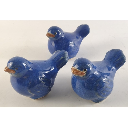346 - Three super cute small blue pottery birds. Each 10cm long.#112
