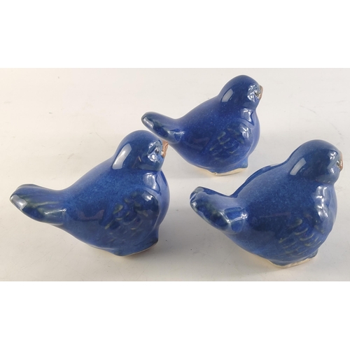346 - Three super cute small blue pottery birds. Each 10cm long.#112