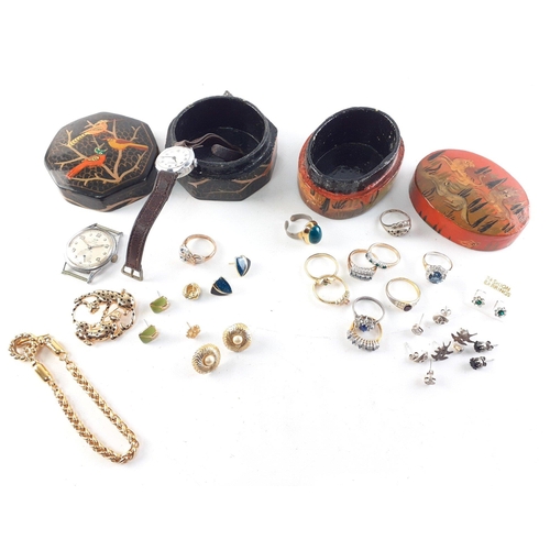 135 - Two papier mache small boxes filled with earrings, rings, pretty brooches, two vintage watches and o... 