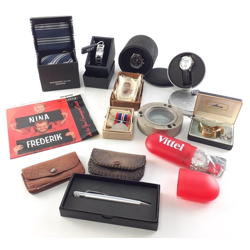 136 - Mixed lot jewellery pieces, Cufflinks, pooches, pins a WWII medal, some tobacco silks etc.#158