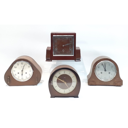 195 - Four vintage wooden mantle clocks. Smiths, Bentina etc.  All untested.#221