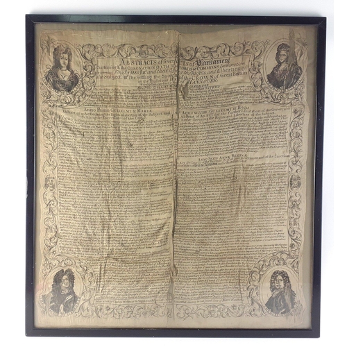 294 - Original QUEEN ANNE framed silk handkerchief being an abstract of the ACT OF PARLIAMENT (1701)  deta... 
