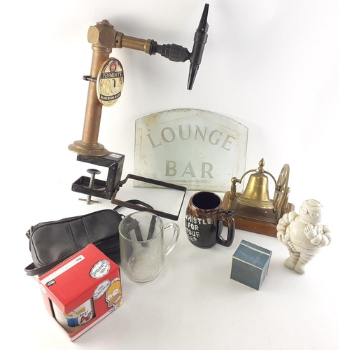 299 - PUB EPHEMERA.  A super original frosted LOUNGE BAR glass sign, a Tenants 80/ Pump, branded glasses a... 