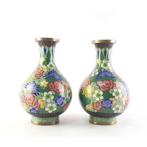 330 - A pair of cloissone on metal matching vases.  Each 17cm .  One has a small dent noted to the finish ... 