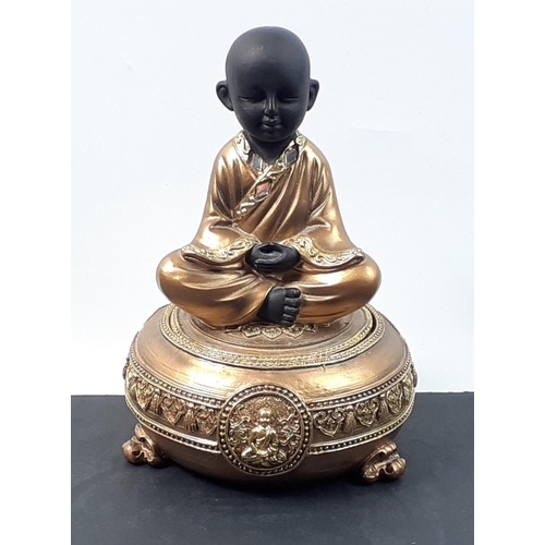 337 - A BEAUTIFUL small trinket box with black-faced sitting Buddha figure in gilt robes,18cm high approx#... 