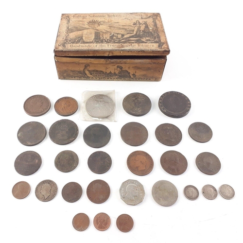 38 - A Balkan Tobacco tin with COINS of interest.  To include a better 1797 Cartwheel two pence and other... 