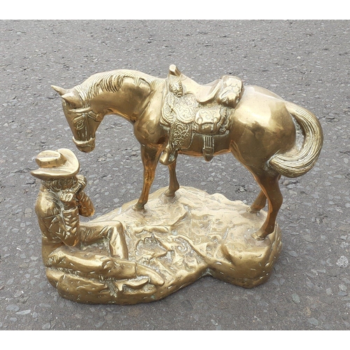 386 - SUPER HEAVY! - A wonderful CAST BRASS  study of a cowboy playing a harmonica with his saddled horse ... 