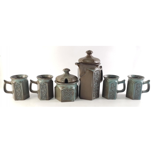 412 - A vintage TYN LLAN Welsh pottery griffin design set comprising 4 mugs, coffee pot and sugar bowl. Sl... 