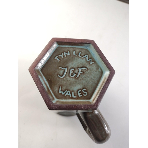 412 - A vintage TYN LLAN Welsh pottery griffin design set comprising 4 mugs, coffee pot and sugar bowl. Sl... 