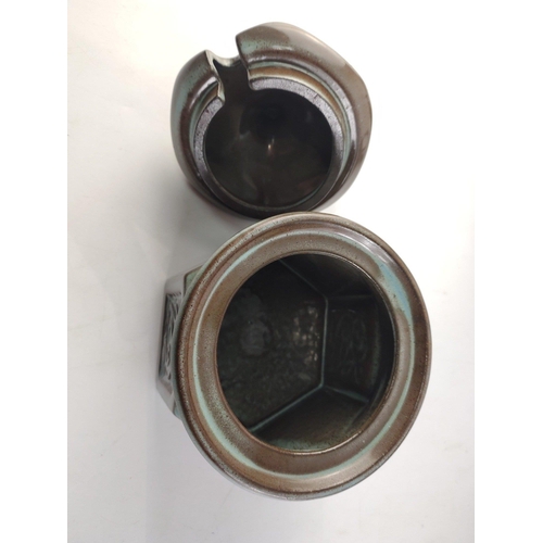 412 - A vintage TYN LLAN Welsh pottery griffin design set comprising 4 mugs, coffee pot and sugar bowl. Sl... 