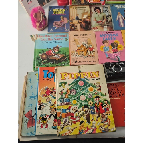 443 - A box of nostalgia ! Vintage Childrens books by Enid Blyton etc, puzzles and a cute wee gonk. A Magi... 