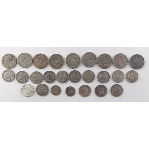 67 - A quantity of pre 1947 coinage mainly 0.500 silver content, a few earlier.  Gross weight 180g approx... 
