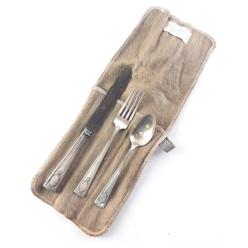 76 - Sterling Silver marked knife, fork and teaspoon in soft case.  Gross weight 75g#97