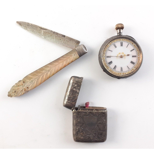 77 - A silver Vesta case, A small silver cased watch and a silver bladed fruit knife. All A/F#98