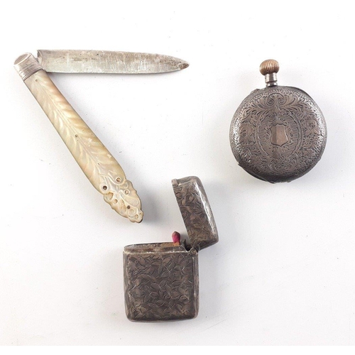 77 - A silver Vesta case, A small silver cased watch and a silver bladed fruit knife. All A/F#98