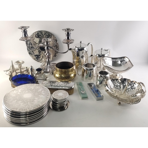 87 - Good Silver plate lot comprising candelabra, tea and coffee pots trivets, pieces dishes and much els... 