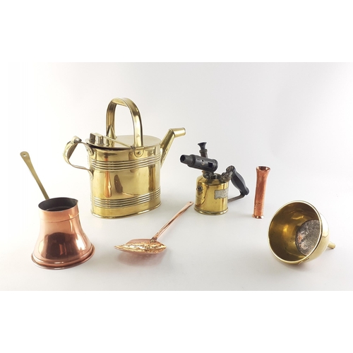 92 - A good brass and copper lot.  To include brass watering can, funnel, blow torch and others#113