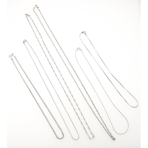 99 - Six silver chains in various styles and lengths. 22g approx.#121