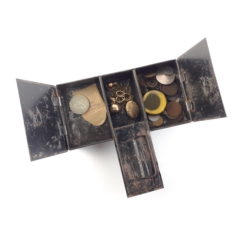 COINS. A three compartment money box with old coins. To include a 1935 ...