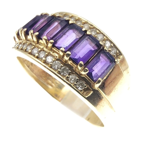 30 - Lovely unmarked yellow metal ring (purchased in America and tests as 14ct) with seven Amethyst stone... 