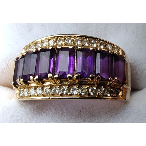 30 - Lovely unmarked yellow metal ring (purchased in America and tests as 14ct) with seven Amethyst stone... 