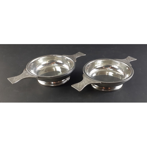 127 - Two nice Pewter Quaichs with Celtic knot handles. Each 18cm across at the handles and in nice clean ... 