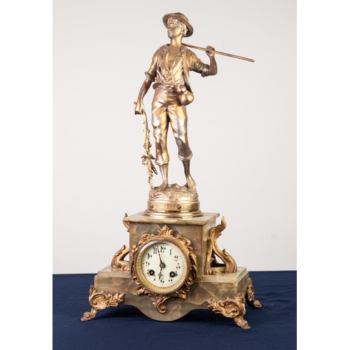 50 - EARLY TWENTIETH CENTURY FRENCH GILT METAL AND GREEN ONYX CASED MANTLE CLOCK, with 8 day striking mov... 