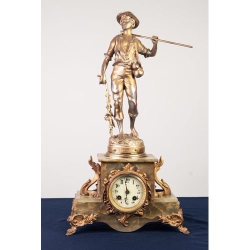 50 - EARLY TWENTIETH CENTURY FRENCH GILT METAL AND GREEN ONYX CASED MANTLE CLOCK, with 8 day striking mov... 