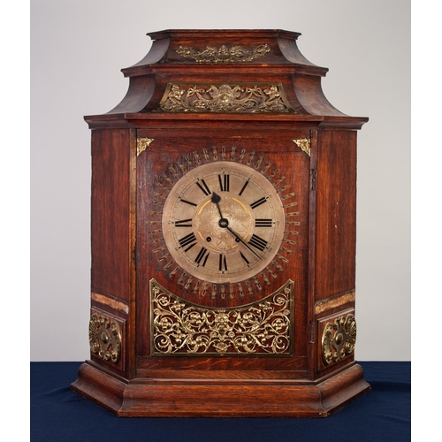 51 - LATE NINETEENTH/ EARLY TWENTIETH CENTURY BRASS MOUNTED OAK CASED SCHOOL MASTER CLOCK, the 10