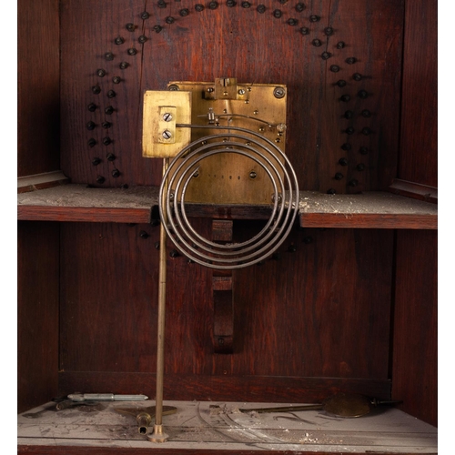 51 - LATE NINETEENTH/ EARLY TWENTIETH CENTURY BRASS MOUNTED OAK CASED SCHOOL MASTER CLOCK, the 10