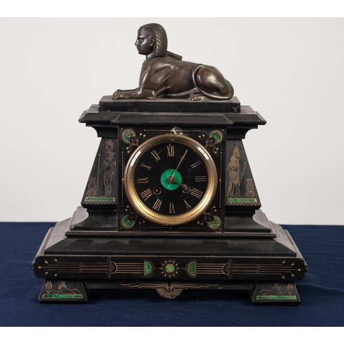 52 - LATE NINETEENTH CENTURY BLACK SLATE MANTLE CLOCK, the 4