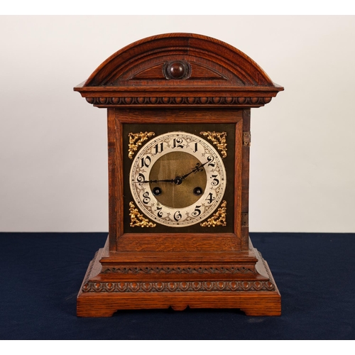 24 - JUNGHANS, EARLY TWENTIETH CENTURY OAK CASED MANTLE CLOCK, the 5” dial with silvered Arabic chapter r... 