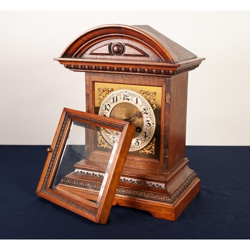 24 - JUNGHANS, EARLY TWENTIETH CENTURY OAK CASED MANTLE CLOCK, the 5” dial with silvered Arabic chapter r... 