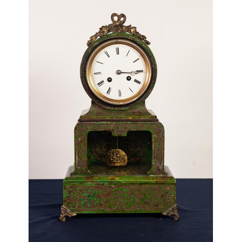 25 - NINETEENTH CENTURY FRENCH EBONISED AND GREEN BOULLE WORK MANTLE CLOCK, the 4 ½” enamelled Roman dial... 