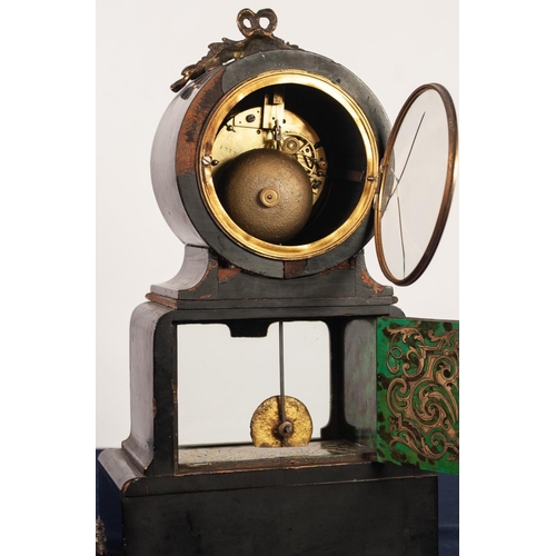 25 - NINETEENTH CENTURY FRENCH EBONISED AND GREEN BOULLE WORK MANTLE CLOCK, the 4 ½” enamelled Roman dial... 