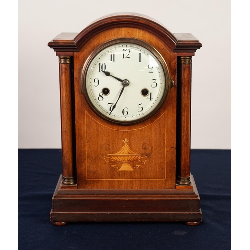 26 - EDWARDIAN INLAID MAHOGANY MANTLE CLOCK, the 4 ½” enamelled Arabic dial powered by an eight day movem... 